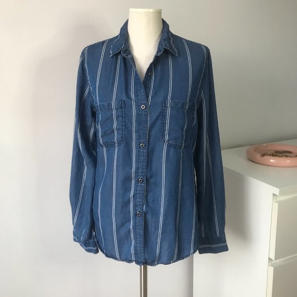 Blue White Striped Button Down Blouse - Picture 2 of 8